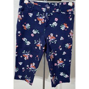 St John's Bay Womens 32X17 Capris Navy Blue Floral Mid-Rise Cottonblend   Pants